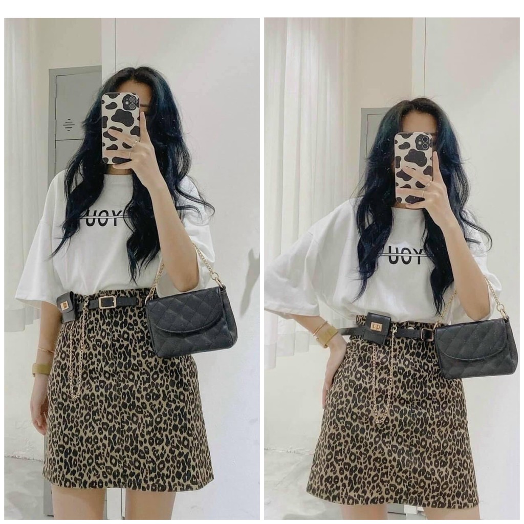 Set chân váy da beo áo phông trắng , chân váy ngắn mix áo phông form rộng mặc siêu xinh AD78
