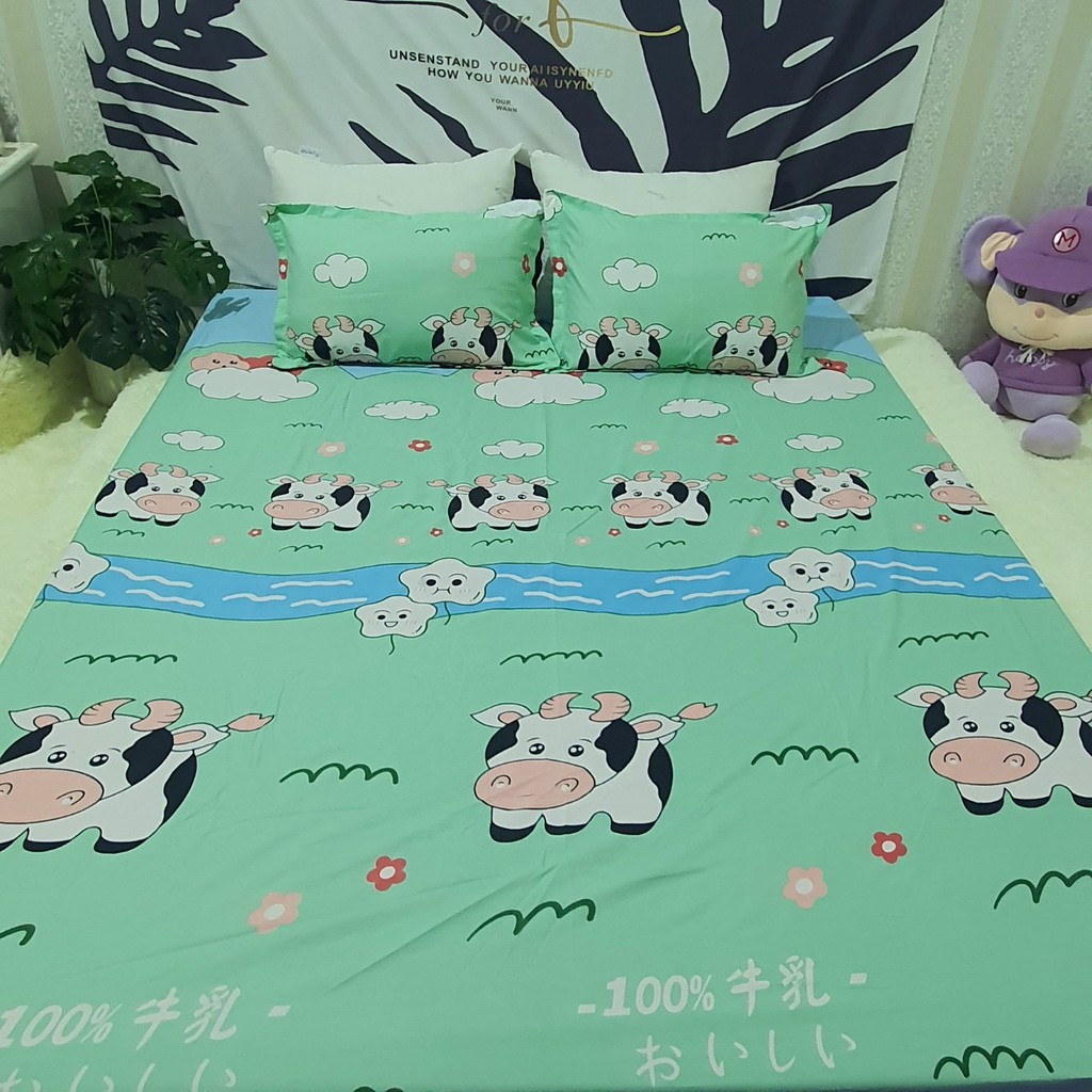 Bộ Ga Gối Cotton Poly Mẫu BÒ SỮA XANH CHO BÉ YÊU NHÀ BẠN ĐỦ KÍCH THƯỚC CHỌN LỰA