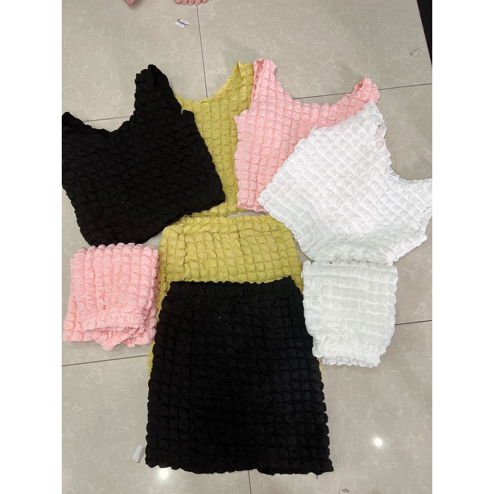 [8.8 Sales Freeship] Set bộ 2 món chất xốp nổi, áo sát nách croptop + chân váy ôm ngắn, set váy xốp đi biển dễ thương