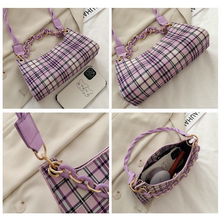 Túi Xách NữTặng QuàTúi Kẹp Nách kẻ caro phối dây quai xoắn kèm dây xích MÃ 7660