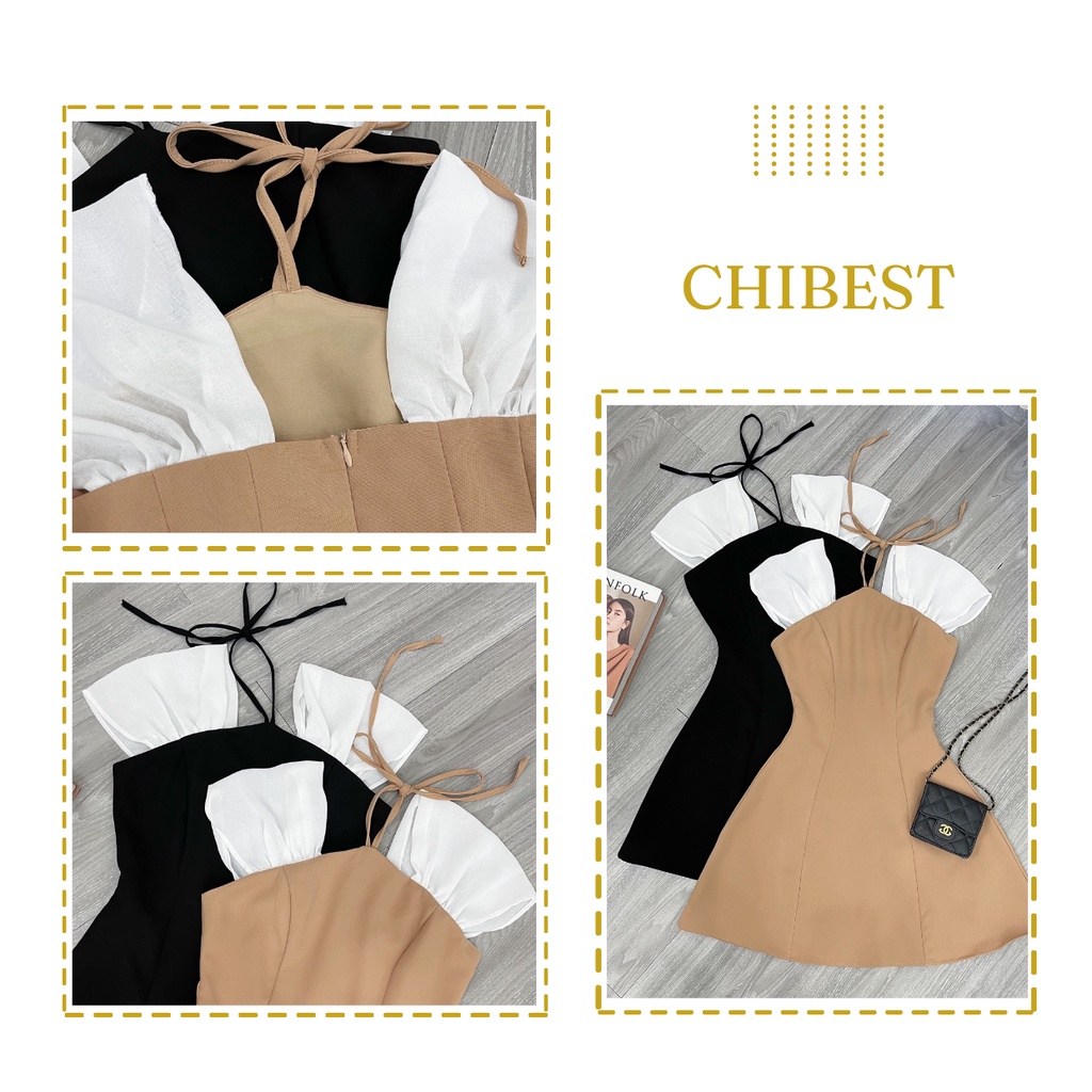 Đầm chữ A cổ yếm phối tay voan chất tuyết mưa dày dặn sang chảnh CHIBEST HDB92