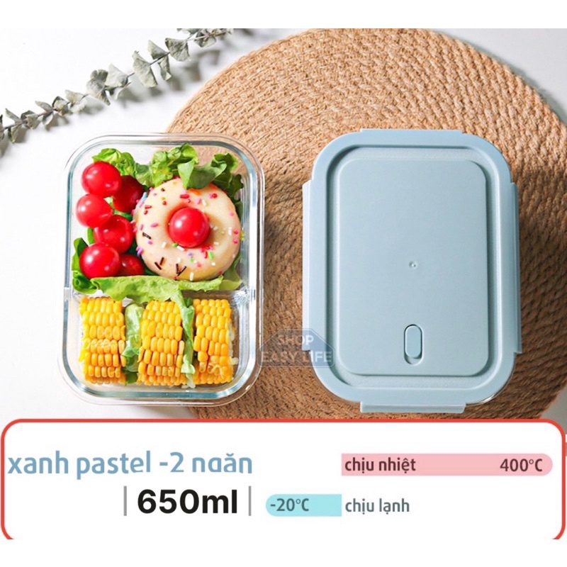 Hộp Thuỷ Tinh 650ml 2 Ngăn Chữ Nhật - Chịu Nhiệt, Nắp Chống Tràn - Hộp Đựng Cơm Văn Phòng Cao Cấp