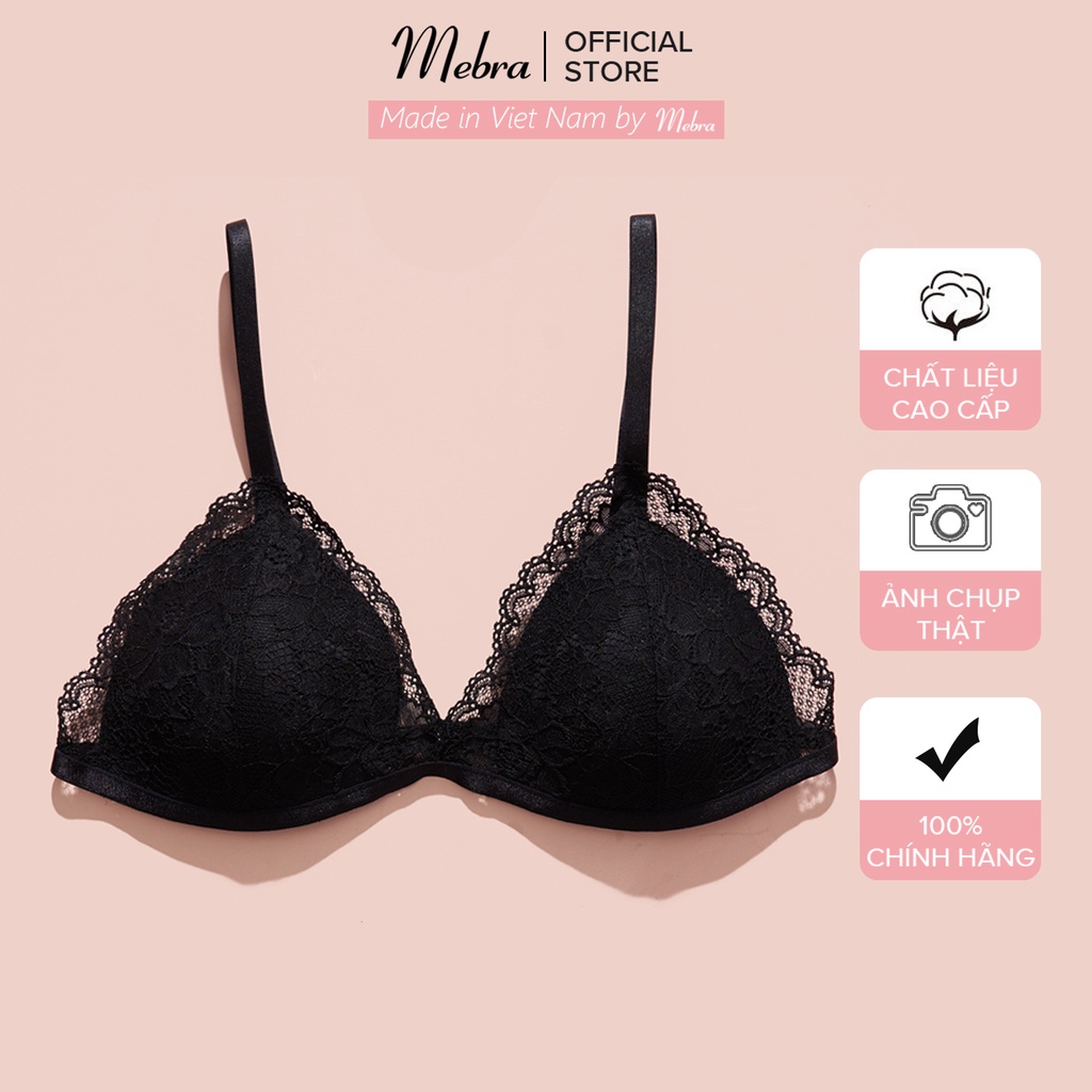 Áo lót nữ bralette không gọng mút mỏng ren hoa màu đen thiết kế sexy gợi cảm thương hiệu Mebra A013