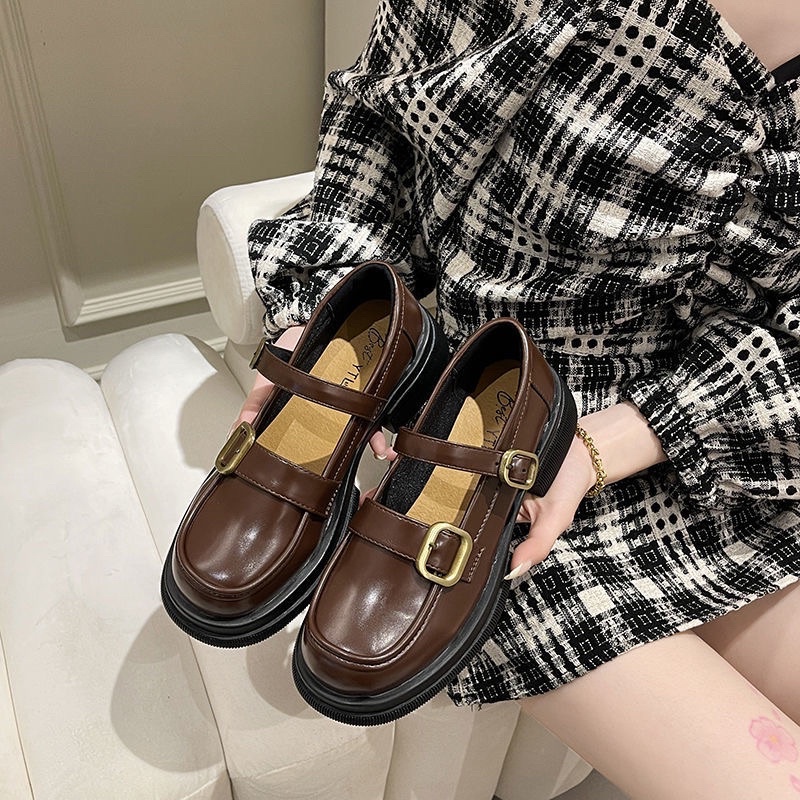 Giày da nữ đế dày mũi tròn da lì phong cách Nhật Bản retro