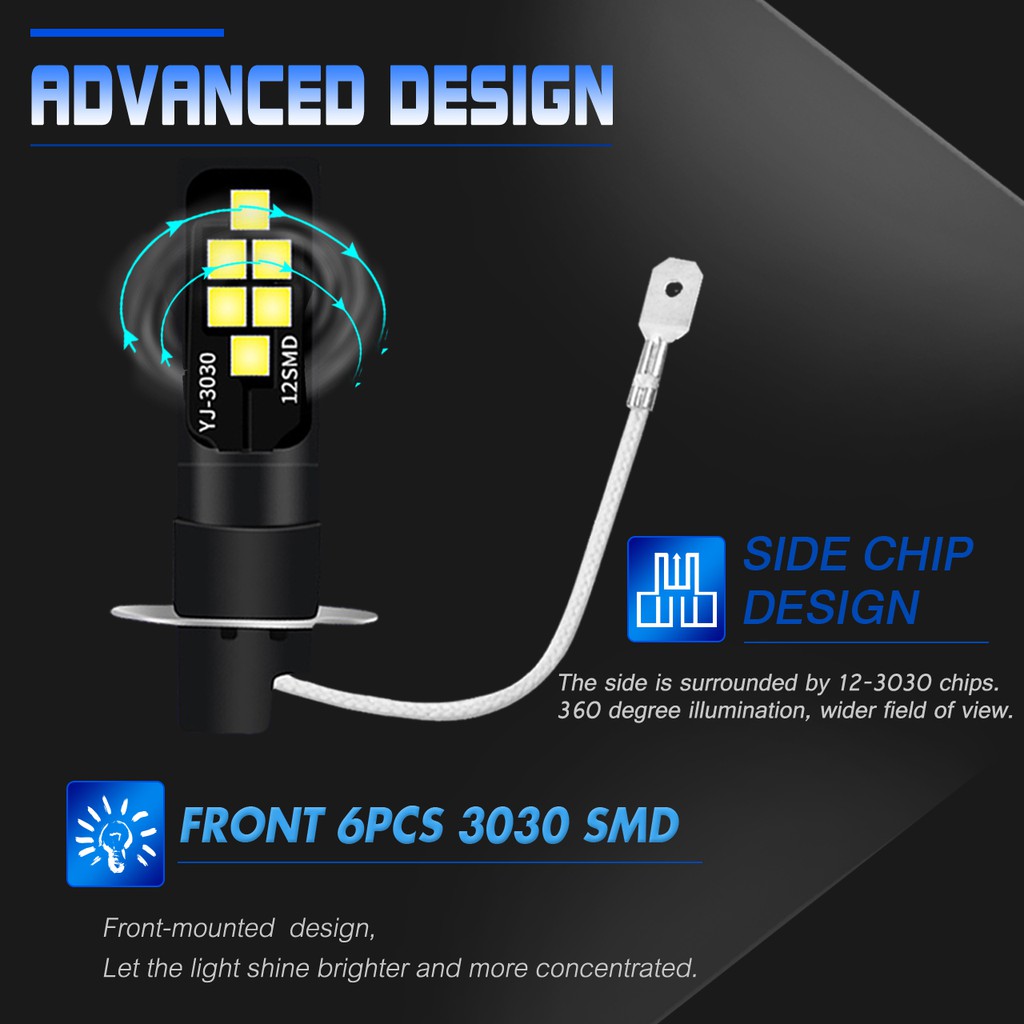 Set 2 Bóng Đèn h3 3030 12smd 12v 6000k Ánh Sáng Trắng / Vàng Dành Cho Ô Tô