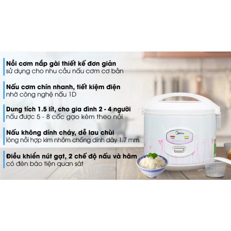 (QUÀ TẶNG HẤP DẪN 0đ) Nồi cơm mini cao cấp nắp gài Midea 1.5 lít MR-CM1533