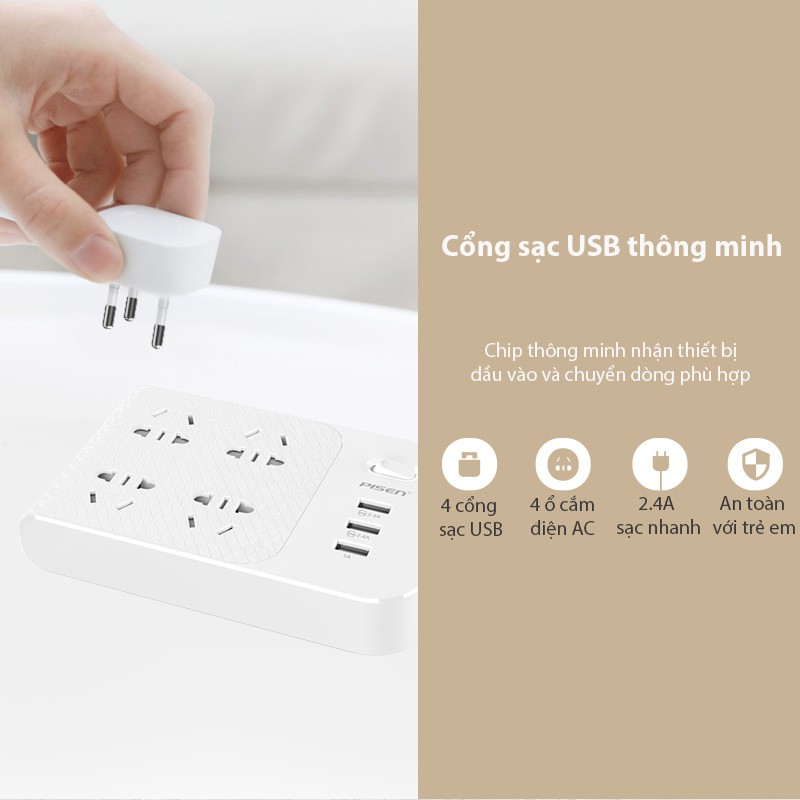 Ổ cắm điện Pisen BH-43  (Ổ dính, 4xAC, 3xUSB)