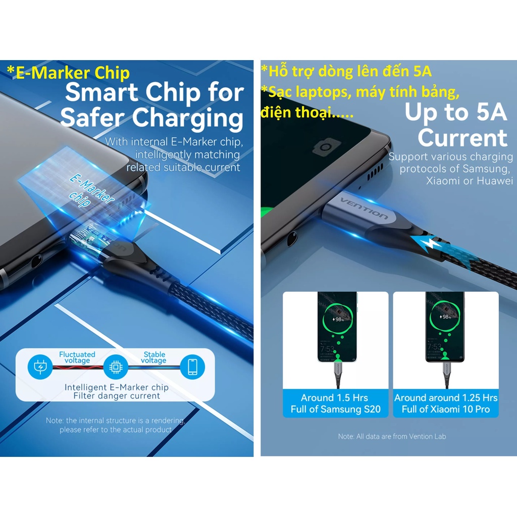 Cáp sạc C to C 100W USB 3.1 Gen 2 hỗ trợ 4K Vention TAH ( 0.5m / 1m )