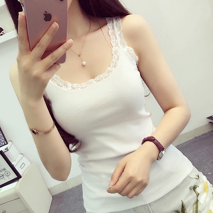 Áo Hai Dây Cổ Tròn Phối Ren Form Ôm Size Lớn Phong Cách Quyến Rũ