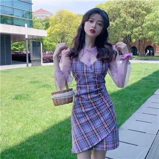 Váy hai dây caro tím