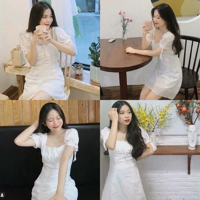 Đầm Trắng Owen Dress váy xinh chất vải kate kèm lớp lót dày dặn tay bèo có dây thắt cột nơ kèm ảnh trải sàn