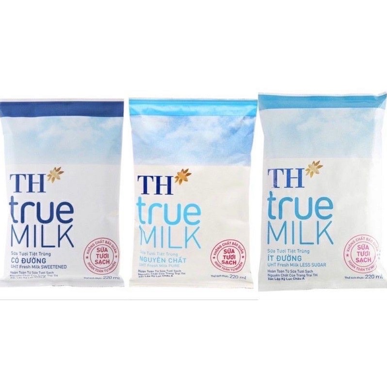 Sữa tươi TH True Milk Túi 220ml nguyên chất, có đường, ít đường chính hãng