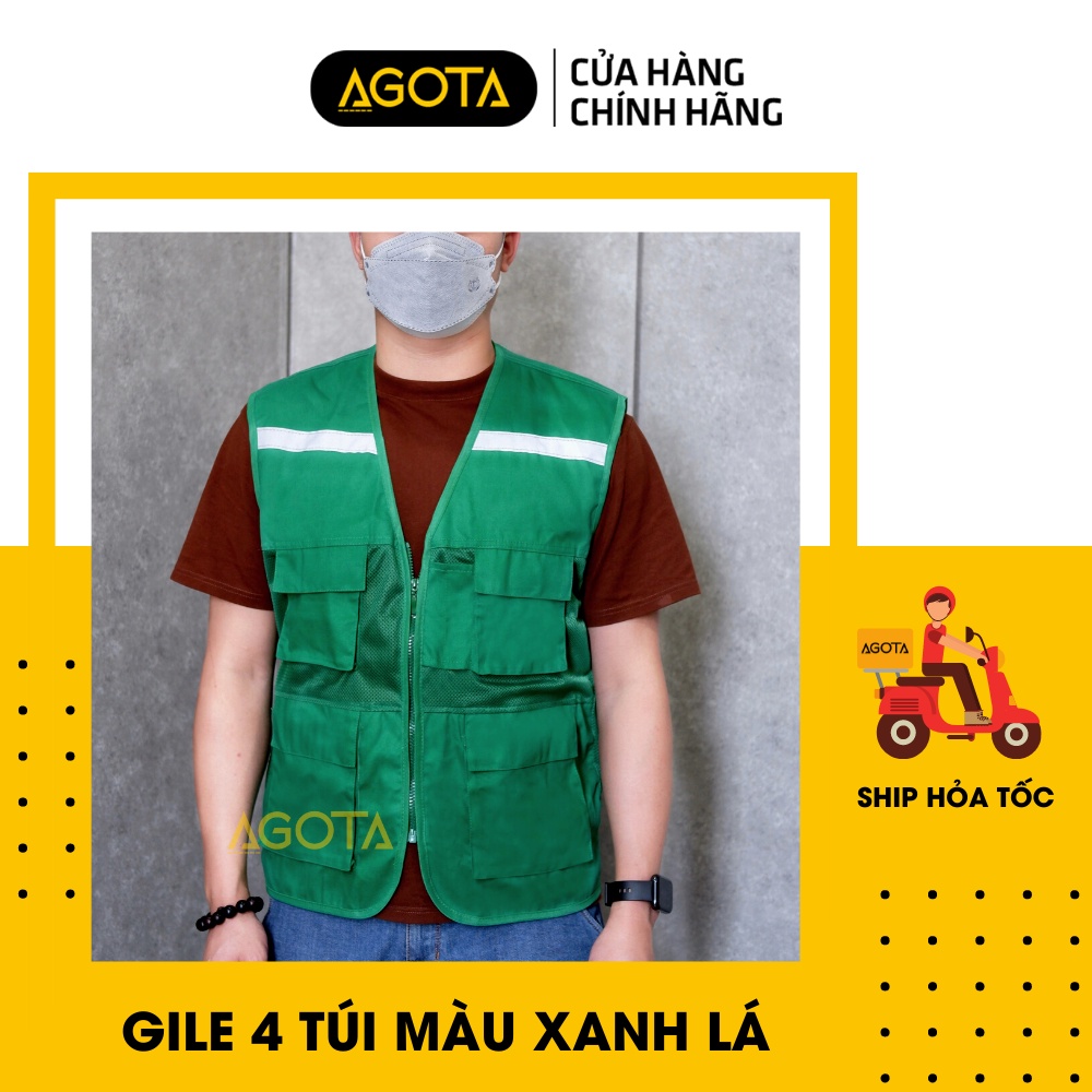 Áo gile bảo hộ 4 túi hộp vải kaki poly phối lưới màu xanh lá - AGOTA