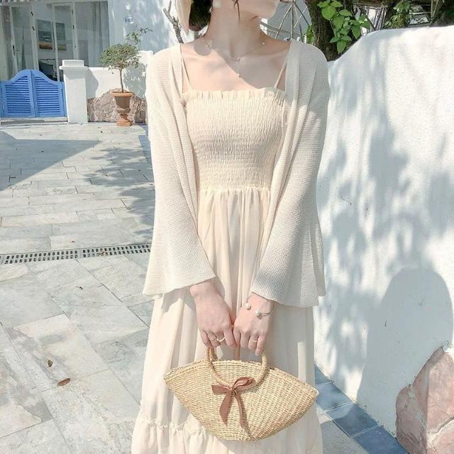 Set Áo Thun Và Đầm Dài Hai Dây Vải Voan Phong Cách Pháp Thanh Lịch Dành Cho Nữ