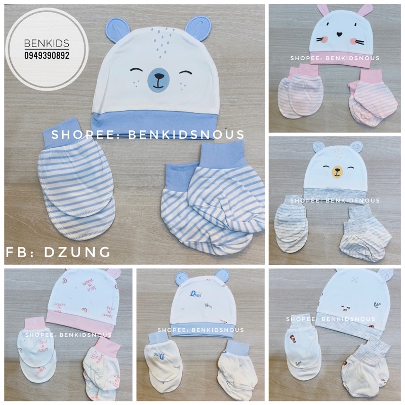 Set mũ, bao tay bao chân sơ sinh Moon@ vải petit mềm mát cho bé trai/bé gái