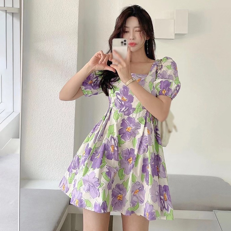 Đầm Tay Phồng Cổ Vuông Họa Tiết Hoa Xinh Xắn Phong Cách Hàn Quốc