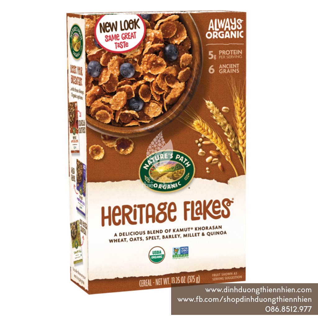 Ngũ Cốc Giòn Nguyên Cám Hữu Cơ, Giàu Dinh Dưỡng Nature's Path Organic Heritage Flakes, 375g