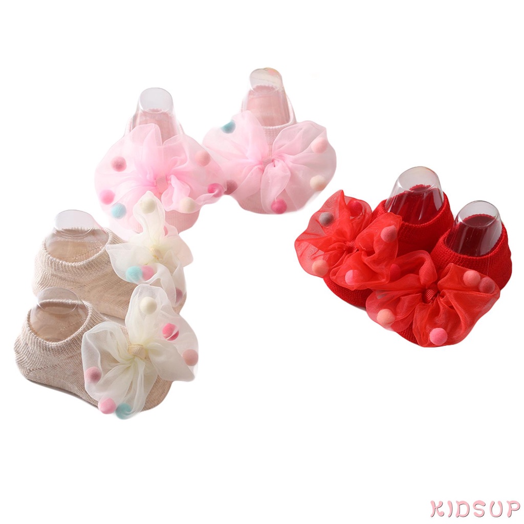 Tất ngắn chống trượt đính nơ lưới thời trang xuân thu cho bé gái