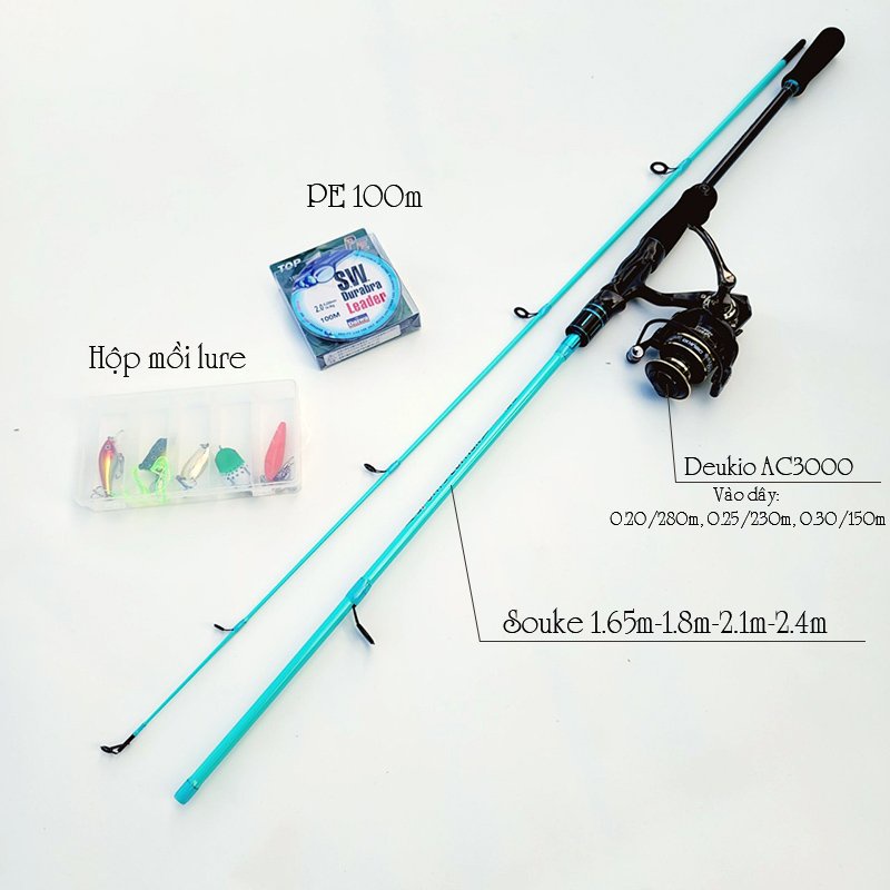 Bộ cần câu lure đứng carbon Souke máy câu Deukio AC3000 tặng bộ mồi câu B23