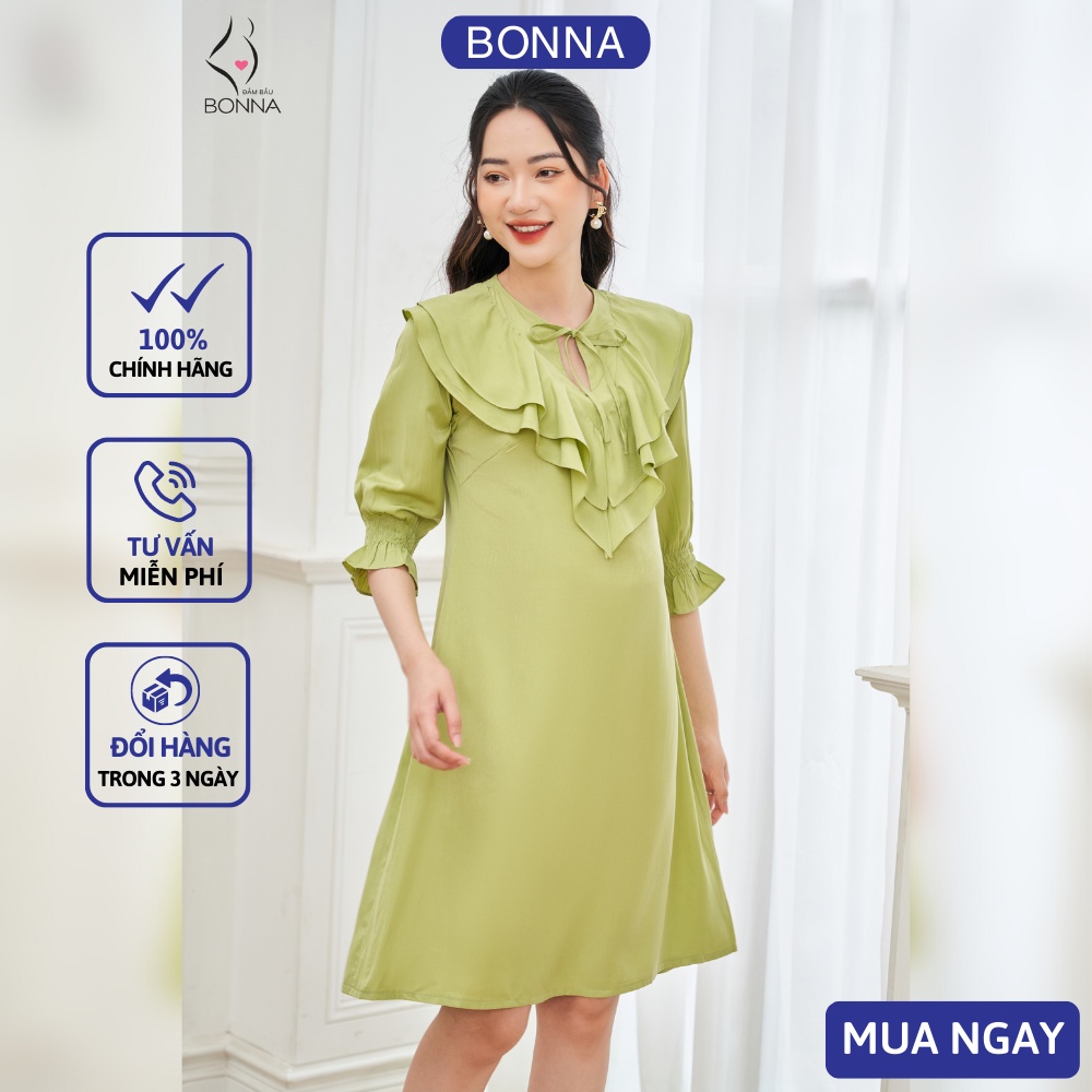Váy bầu mùa hè BONNA dáng suông thanh lịch, gam màu xanh cốm hot hit, chất liệu đũi cao cấp, thấm hút tốt, mềm mịn VS182