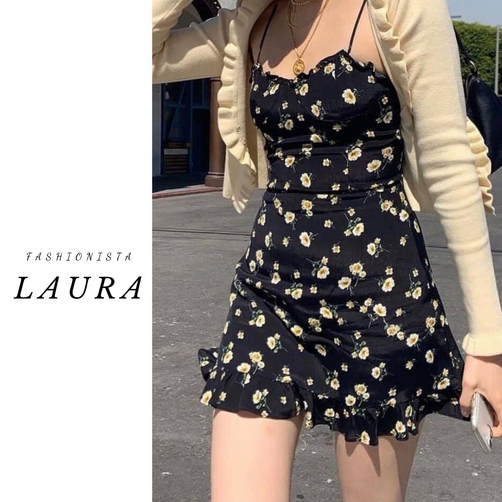 Váy hai dây hoa hồng vàng kèm áo cardigan trằng Laura Boutique - Set váy kèm áo cardiagan bánh bèo tiều the CÓ ẢNH THẬT