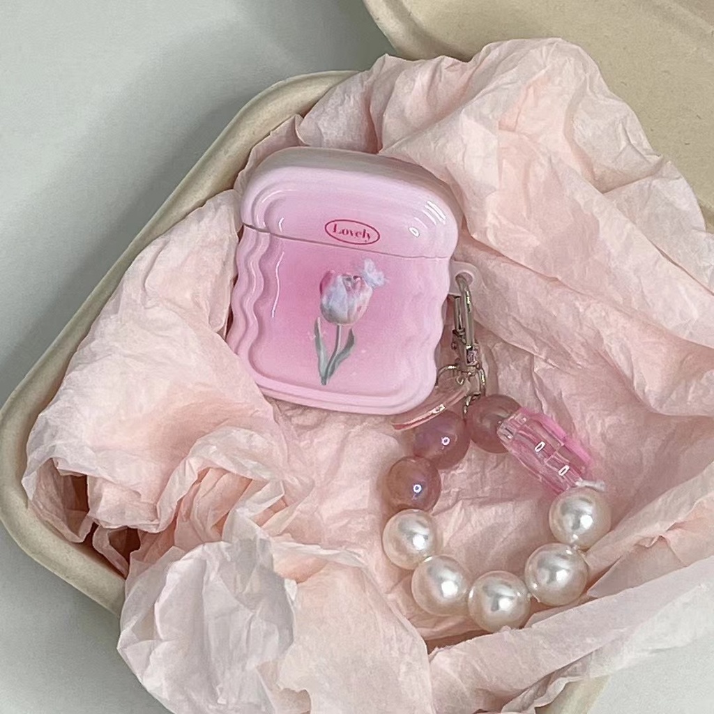 Vỏ Bảo Vệ Hộp Sạc Tai Nghe Bluetooth airpods 1 2 pro Bằng tpu Mềm Hình Hoa tulip Hồng Gắn Vòng Đeo Tay Dễ Thương Mới