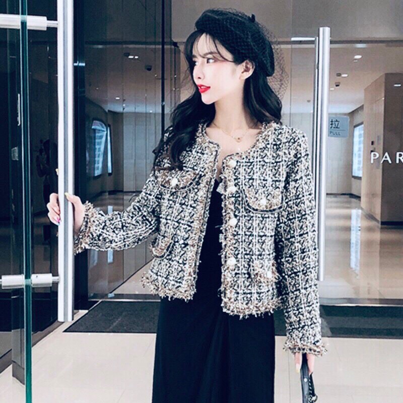 Áo Khoác Dạ Kẻ Viền Nhũ Cúc Ngọc 2 Lớp Sang Chảnh