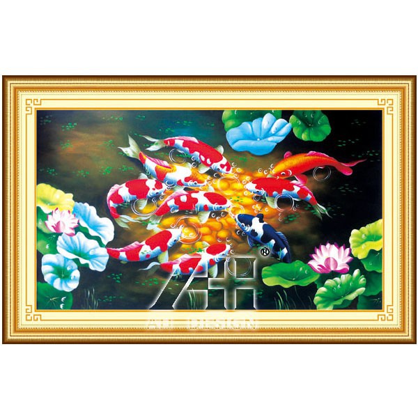 Tranh thêu chữ thập 3d Cửu ngư đồ - Cá koi  chưa thêu