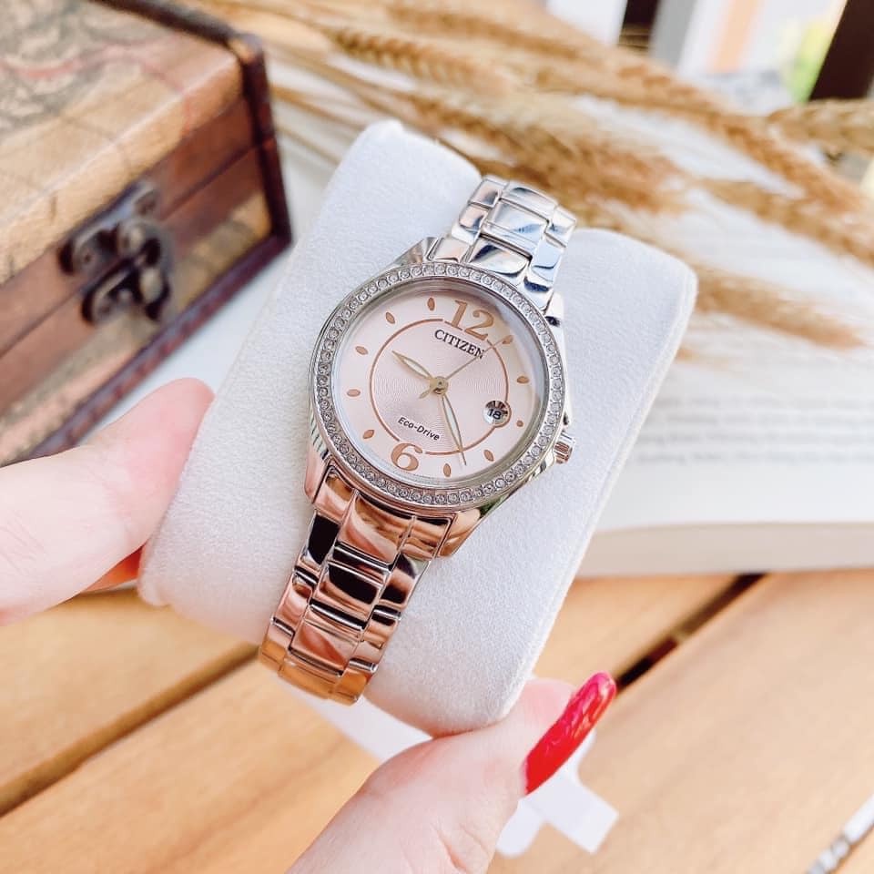 Đồng Hồ Nữ CITIZEN Silhouette Pink Diamond FE1140-86X Eco-drive Chính Hãng Tặng Dây Da Cao Cấp