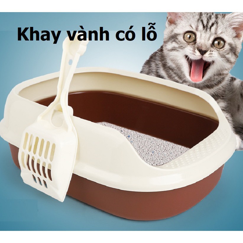 Khay vệ sinh mèo, Khay đựng cát vệ sinh cho mèo có gờ chống bắn cát ra ngoài (hanpet 376) Kèm xẻng hốt kít