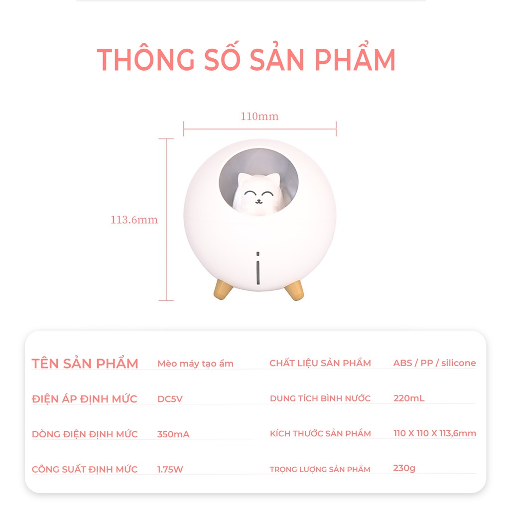 [GIÁ SỐC] - Máy Phun Sương Mini Tạo Ẩm không khí Giá Rẻ hình mèo dễ thương có đèn ngủ - IDEAL HOME