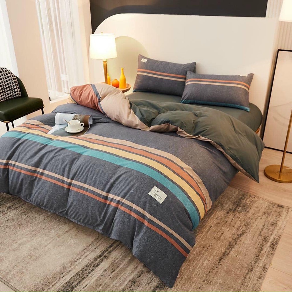 Full Set Bộ Ga giường Cotton Tici Chần Bông Kẻ Sọc Xám ((m2x2m - m8x2m))