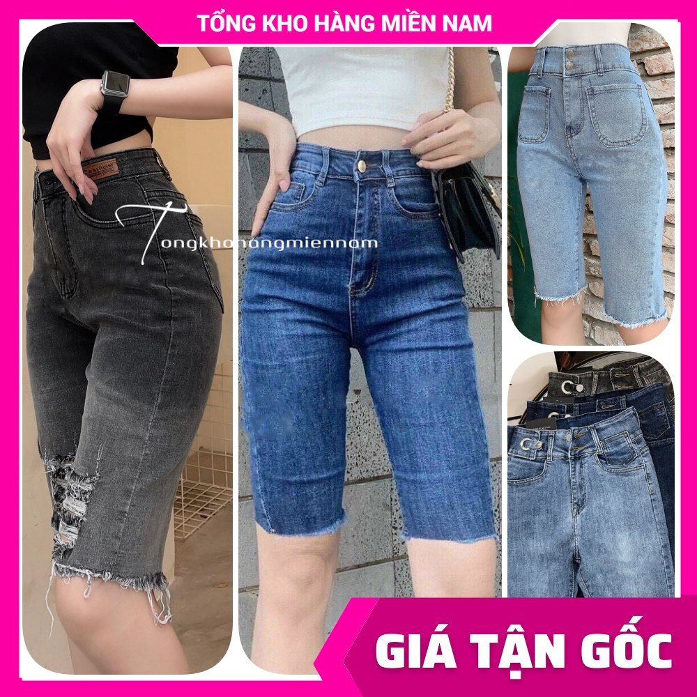 Quần ngố lửng nữ chất jean cao cấp co giãn ôm dáng lưng phối kiểu loang màu rách xước dễ thương QJNG