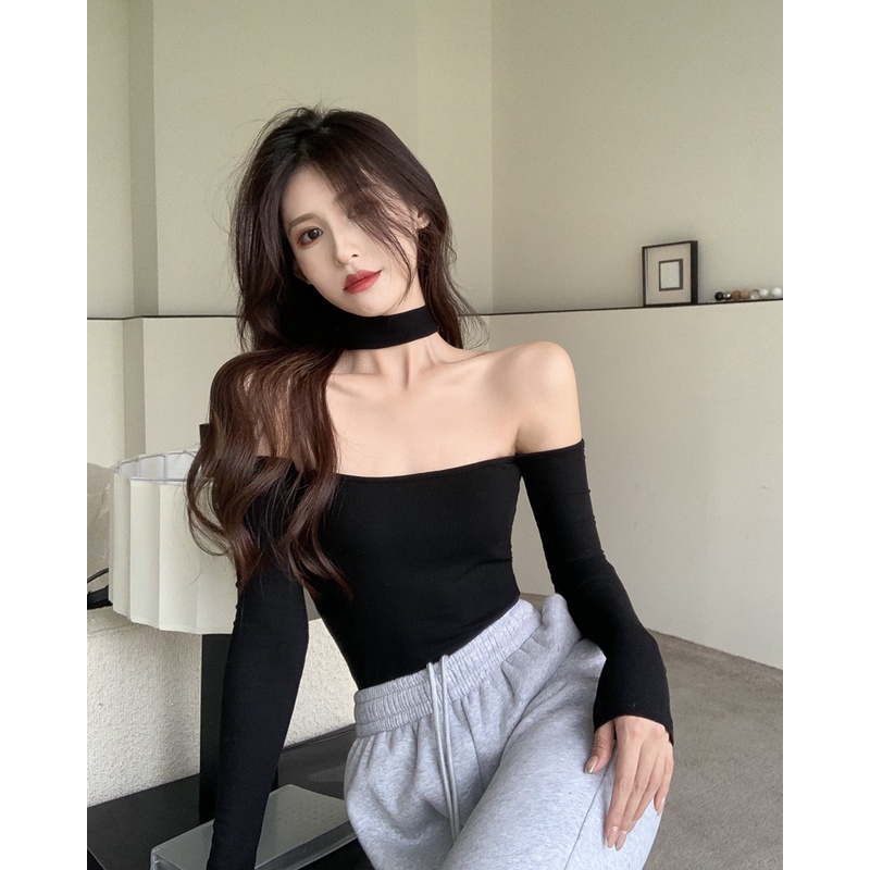 Cocory vn Áo Croptop Trễ Vai Tay Dài Màu Trơn Thiết Kế Hợp Thời Trang Cho Phái Nữ