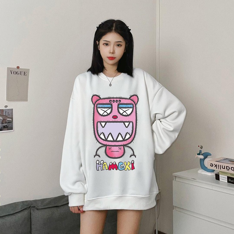 Áo sweater IELGY cổ tròn dáng rộng in hình hoạt hình xinh xắn cho nữ