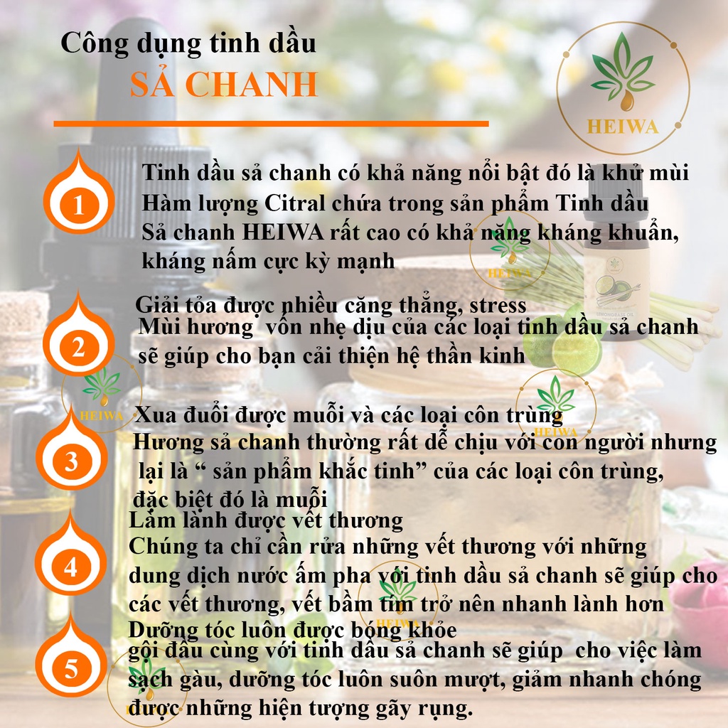 HEIWA-Tinh dầu SẢ CHANH nguyên chất nhập khẩu ấn độ, có giấy kiểm định chất lượng, thơm phòng, treo xe, đuổi muỗi