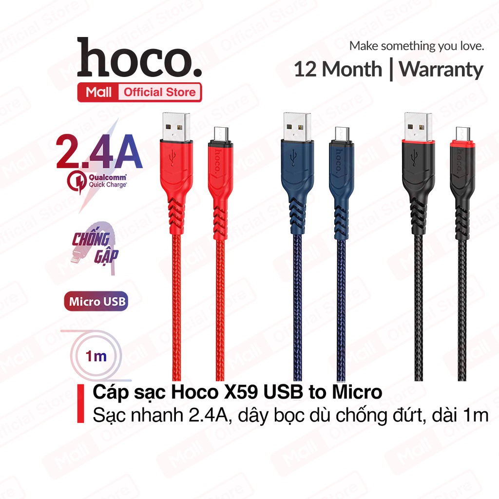 Cáp sạc nhanh Hoco X59 USB to Micro sạc nhanh 2.4A đầu sạc chống gẫy gập, đầu sạc chống gẫy gập, dài 100cm