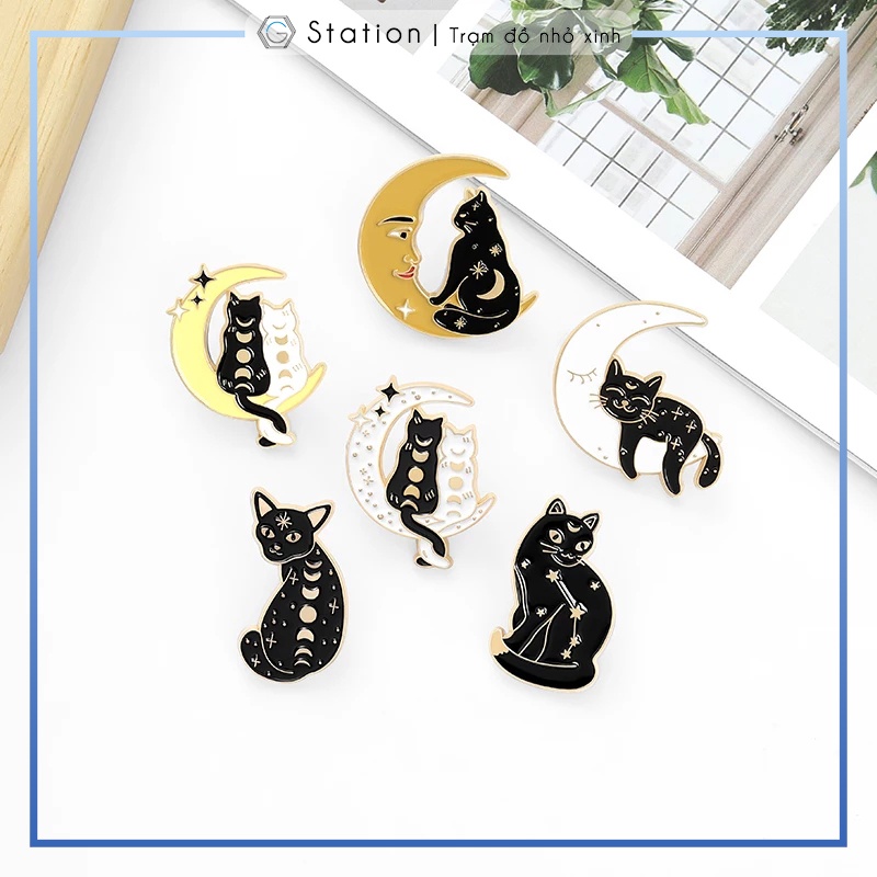 Pin cài áo mèo và mặt trăng/ cat starring at the moon - GC414