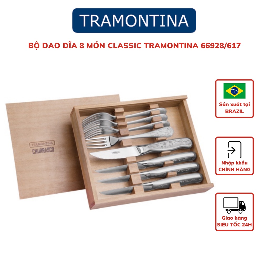 Bộ Dao Dĩa Ăn Bít Tết Tramontina Classic Gồm 8 Món Cán Khắc Họa Tiết Cao Cấp Dày Dặn Sáng Bóng Sản Xuất Tại Brazil