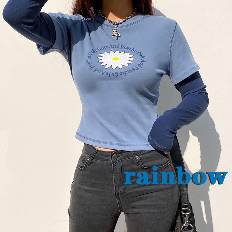 RAINBOW-Women Casual Long Sleeve T-shirt, Blue Round Collar Letters and Floral Printed Pattern Tops