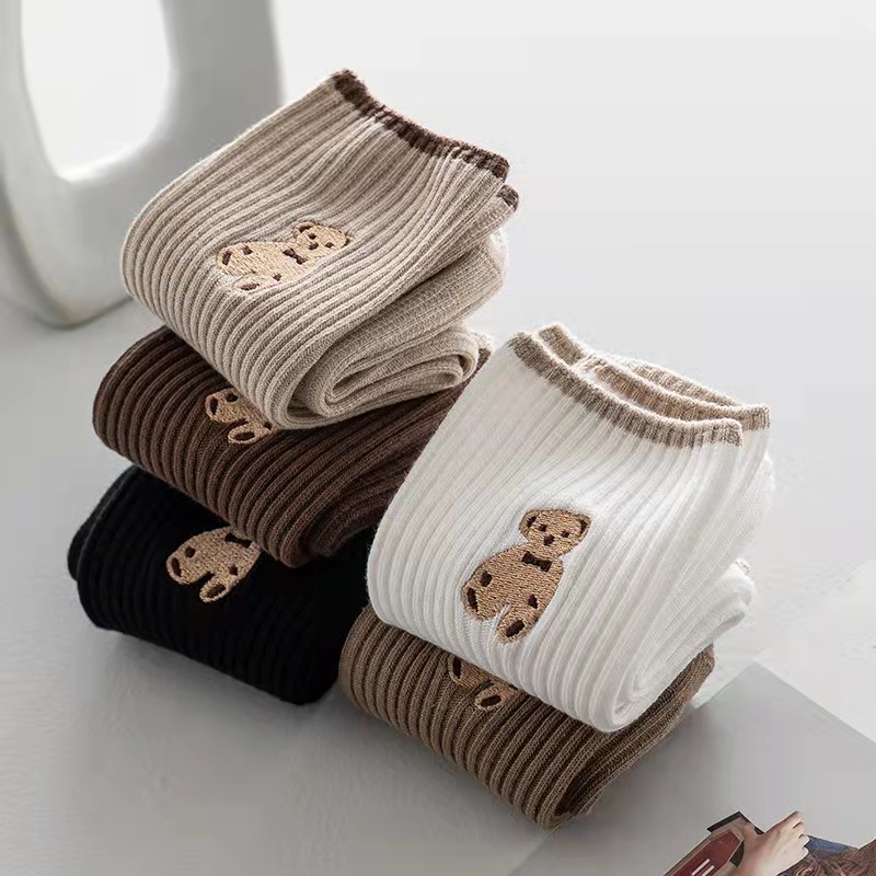 Tất cổ cao vớ nữ che khuyết điểm cute thun gân hình gấu phong cách Hàn Quốc vintage set 5 đôi Tom House