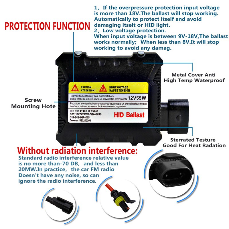 55W HID Bi Xenon 12V Digital Ballast for H1 H3 H3C H4-1 H4-2 H7 9005