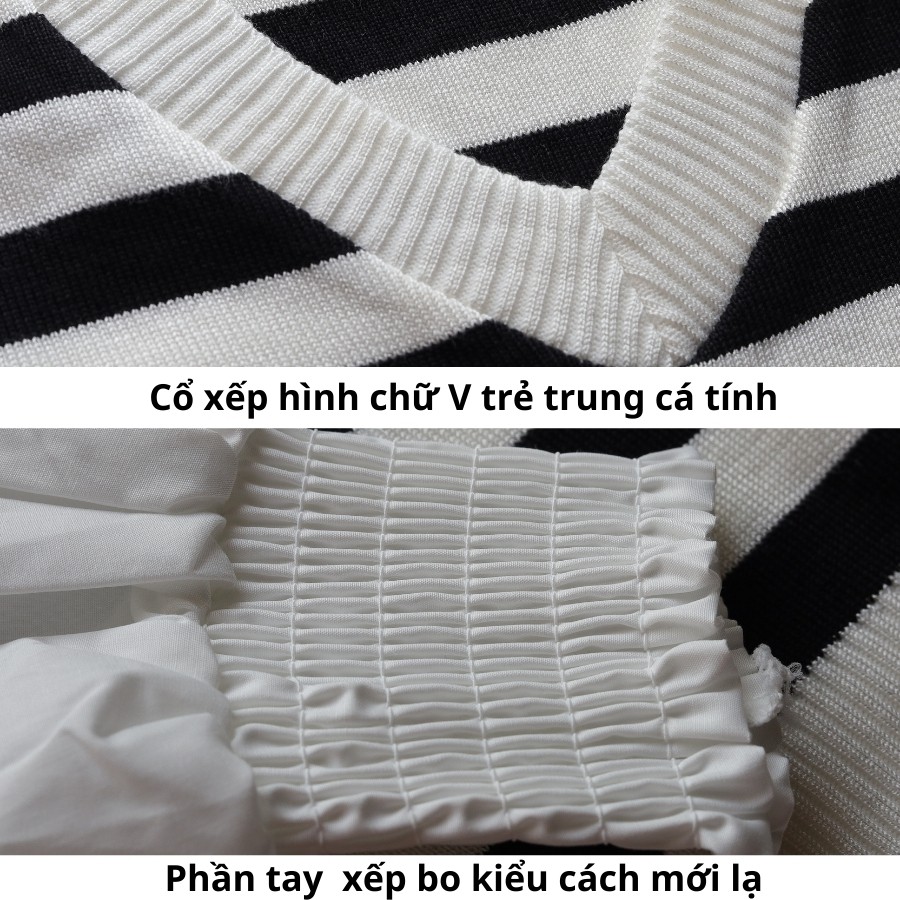 Áo len nữ kiểu Hàn Quốc dài tay cổ tim phối tay bồng sơ mi 3 màu xinh xắn | BigBuy360 - bigbuy360.vn