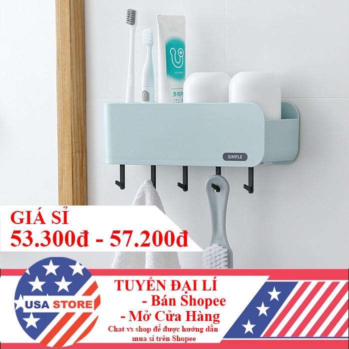 Khay Giá Để Bàn Chải, Cốc, Tuýp Kem Đánh Răng H9 - CHỮ SIMPLE Mới Về (Có 5 Móc Treo Đen + Kèm 2 Cốc) US906