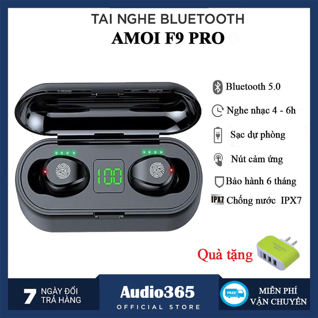 Tai nghe TWS Amoi F9 BẢN QUỐC TẾ, nút cảm ứng, Pin 280h, chống nước IPX7 + Kèm củ sạc nhanh 3 cổng USB