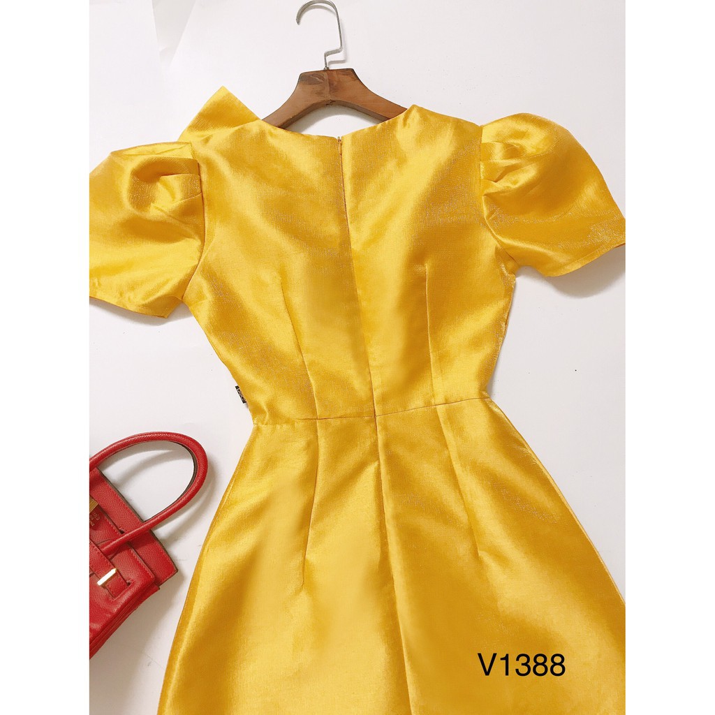 Đầm dạ hội vàng thắt nơ lệch dáng ngắn trẻ trung V1388 Design kèm ảnh thật Jemi Store