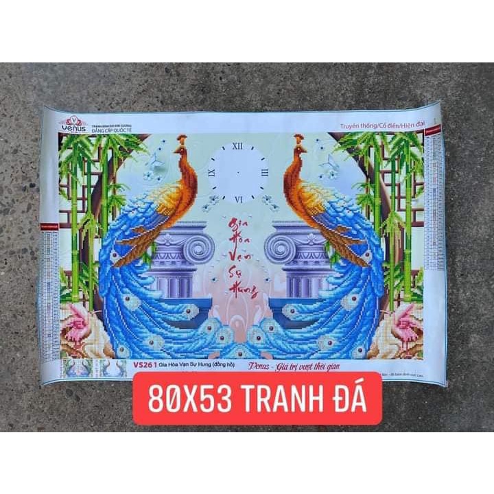 Tranh đính đá đồng hồ gia hòa vạn sự hưng KT:80x53cm. Tranh gắn đá tự đính