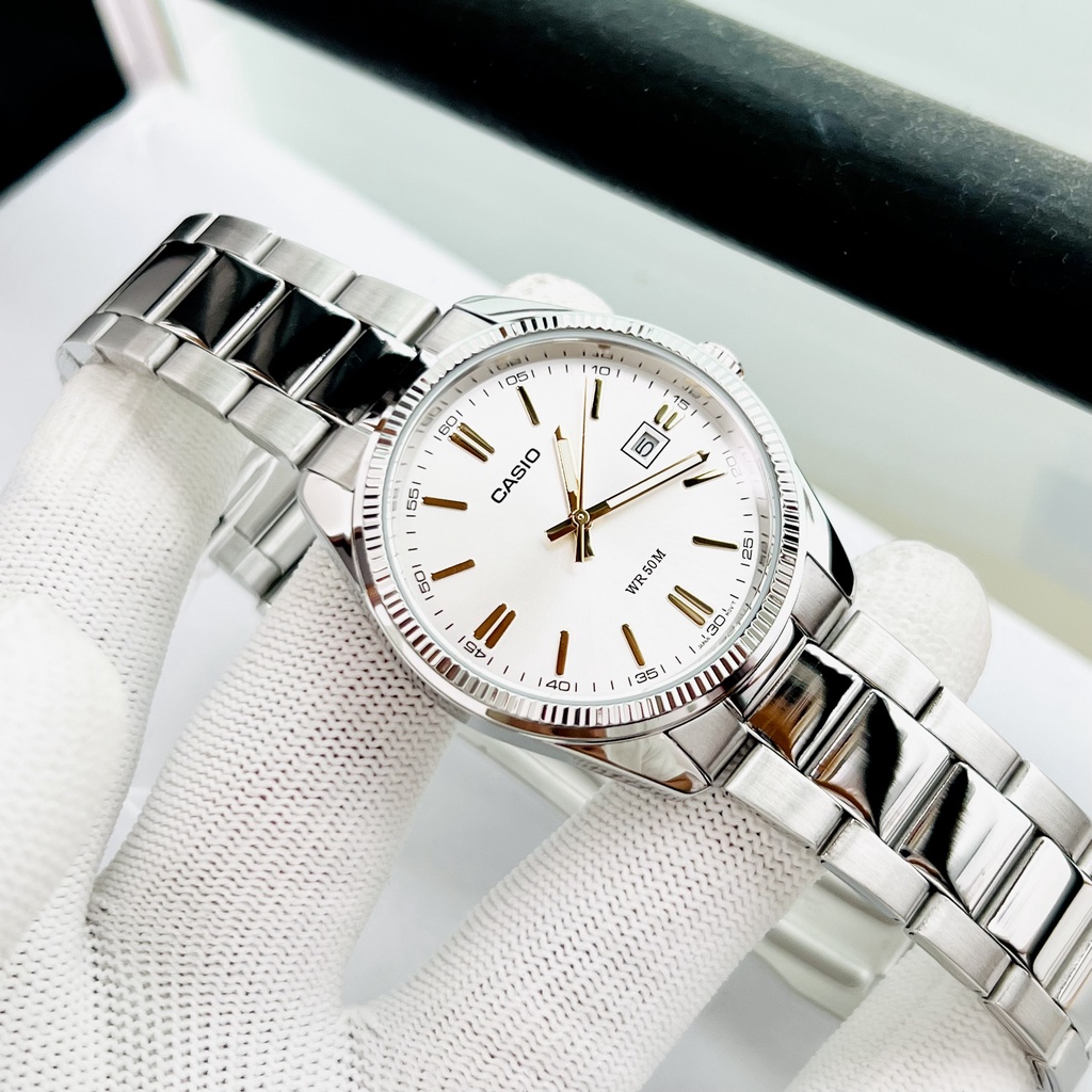 Đồng hồ đôi đẹp dây thép Casio 1302D Mặt trắng - Kính khoáng - Chống nước 5ATM Bảo hành 1 năm Hyma watch