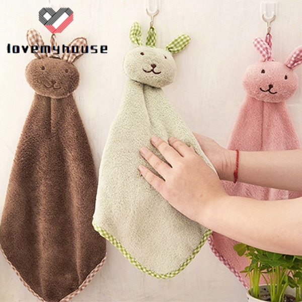 ☁ி☁ Cute Bunny Coral Fleece Hand Towel Kitchen Hanger Washcloth Fashion Lovely 