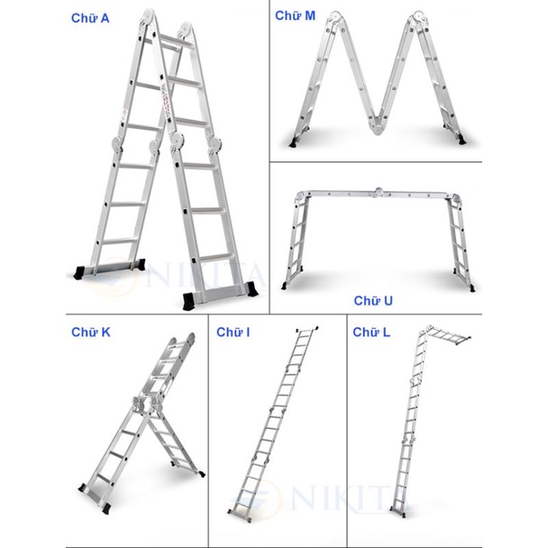 Thang nhôm gấp bốn khúc, Khóa thang tự động, bậc thang đột ba nấc, an toàn, tiện dụng, đa năng - Hàng chính hãng NIKITA